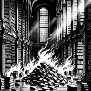 les rayons d'une bibliothèque avec des livres brûlant sur le sol, devant ces rayons.