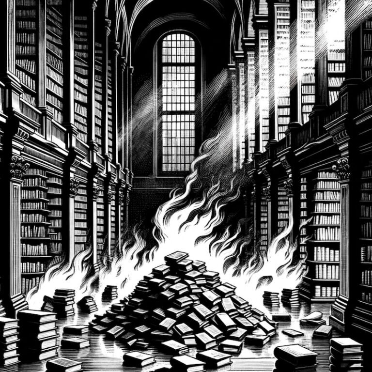 les rayons d'une bibliothèque avec des livres brûlant sur le sol, devant ces rayons.