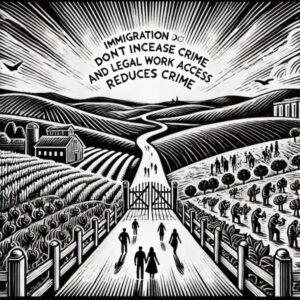 Illustration en noir et blanc, dans le style d’une gravure sur bois, représentant un paysage symbolique. Une large route lumineuse traverse un paysage vallonné paisible, bordé de champs cultivés et de ponts élégants. Des silhouettes humaines y travaillent ou marchent paisiblement, évoquant l’intégration et la stabilité. À l’horizon, un village harmonieux symbolise la communauté et la sécurité. L’image illustre l’idée que l’immigration, associée à l’accès légal au travail, favorise la cohésion sociale sans augmenter la criminalité.