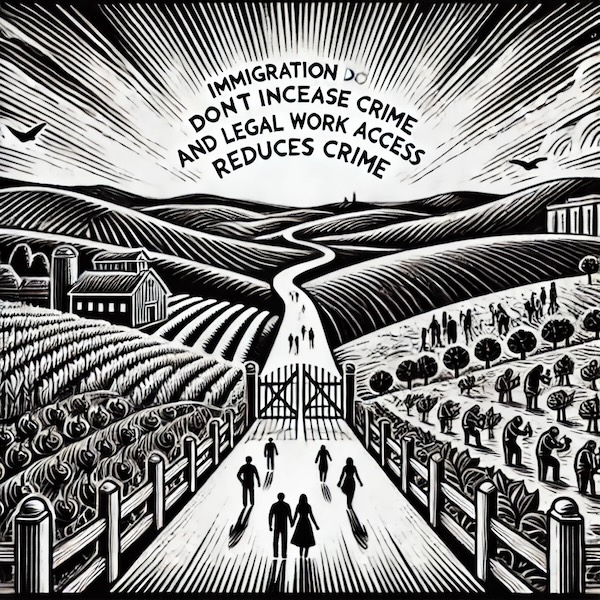 Illustration en noir et blanc, dans le style d’une gravure sur bois, représentant un paysage symbolique. Une large route lumineuse traverse un paysage vallonné paisible, bordé de champs cultivés et de ponts élégants. Des silhouettes humaines y travaillent ou marchent paisiblement, évoquant l’intégration et la stabilité. À l’horizon, un village harmonieux symbolise la communauté et la sécurité. L’image illustre l’idée que l’immigration, associée à l’accès légal au travail, favorise la cohésion sociale sans augmenter la criminalité.