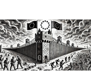 Cette illustration en style gravure sur bois noir et blanc met en scène la fracture entre l’Europe et les pays tiers à travers une composition forte et évocatrice. À gauche, une forteresse européenne austère s’élève, surmontée de drapeaux de l’Union européenne flottant sur ses tours. Des gardes frontières, rigides et silencieux, montent la garde sous un ciel nuageux, symbolisant la fermeture et la surveillance. À droite, un paysage aride et désolé représente les pays tiers – Tunisie, Égypte, Maroc – marqué par des symboles de souffrance et de désespoir : un cactus épineux, une pyramide brisée, une palme fanée. Des silhouettes humaines, fuyantes ou recroquevillées, incarnent les demandeurs d’asile en détresse. Une ligne de frontière épaisse et irrégulière sépare brutalement les deux mondes, percée de quelques brèches étroites qui symbolisent les rares possibilités d’asile. Au pied du mur, une colombe brisée gît, ultime symbole des espoirs perdus.