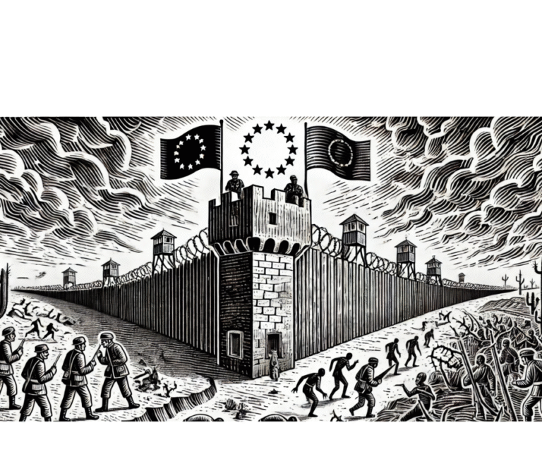 Cette illustration en style gravure sur bois noir et blanc met en scène la fracture entre l’Europe et les pays tiers à travers une composition forte et évocatrice. À gauche, une forteresse européenne austère s’élève, surmontée de drapeaux de l’Union européenne flottant sur ses tours. Des gardes frontières, rigides et silencieux, montent la garde sous un ciel nuageux, symbolisant la fermeture et la surveillance. À droite, un paysage aride et désolé représente les pays tiers – Tunisie, Égypte, Maroc – marqué par des symboles de souffrance et de désespoir : un cactus épineux, une pyramide brisée, une palme fanée. Des silhouettes humaines, fuyantes ou recroquevillées, incarnent les demandeurs d’asile en détresse. Une ligne de frontière épaisse et irrégulière sépare brutalement les deux mondes, percée de quelques brèches étroites qui symbolisent les rares possibilités d’asile. Au pied du mur, une colombe brisée gît, ultime symbole des espoirs perdus.