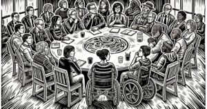 Illustration en noir et blanc, style gravure sur bois, représentant une réunion inclusive de comité de quartier. Autour d’une grande table ronde, des personnes d’âges, de genres et d’origines diverses discutent dans une ambiance conviviale. L’un des participants est en fauteuil roulant. L’atmosphère est chaleureuse et collaborative, avec des détails soignés et des lignes gravées typiques du style bois gravé.