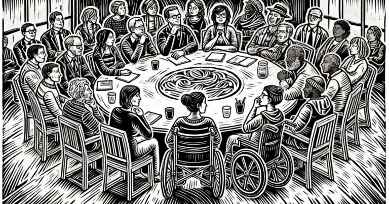 Illustration en noir et blanc, style gravure sur bois, représentant une réunion inclusive de comité de quartier. Autour d’une grande table ronde, des personnes d’âges, de genres et d’origines diverses discutent dans une ambiance conviviale. L’un des participants est en fauteuil roulant. L’atmosphère est chaleureuse et collaborative, avec des détails soignés et des lignes gravées typiques du style bois gravé.