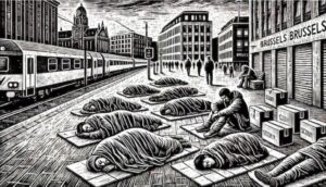 Illustration en noir et blanc, style gravure sur bois, représentant plusieurs demandeurs d’asile dormant sur le trottoir d’une rue à Bruxelles. Ils sont allongés sur du carton ou enveloppés dans des couvertures, près de bâtiments urbains aux lignes anguleuses. L’ambiance est sombre et froide, évoquant la précarité et la solitude, avec un style graphique marqué par des traits épais et des ombres profondes.