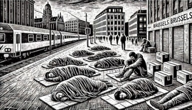 Illustration en noir et blanc, style gravure sur bois, représentant plusieurs demandeurs d’asile dormant sur le trottoir d’une rue à Bruxelles. Ils sont allongés sur du carton ou enveloppés dans des couvertures, près de bâtiments urbains aux lignes anguleuses. L’ambiance est sombre et froide, évoquant la précarité et la solitude, avec un style graphique marqué par des traits épais et des ombres profondes.