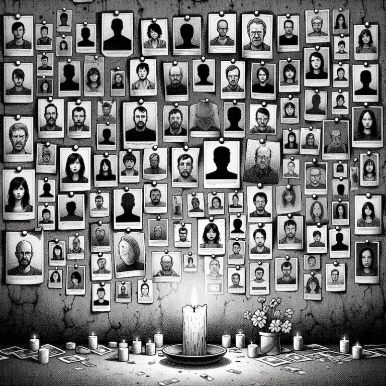 Illustration montrant un mur sur lequel sont collées les photos de personnes disparues ou tuées, avec une bougie allumée en hommage.
