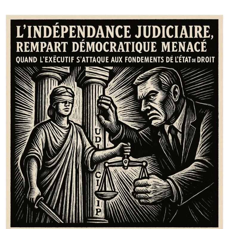 Gravure sur bois en noir et blanc montrant la figure aveugle de la Justice, ses balances en main devant des colonnes portant l’inscription « Judiciaire », tandis qu’un personnage au visage sévère, représentant l’exécutif, tente de saisir un des plateaux, symbolisant l’attaque contre l’indépendance judiciaire.