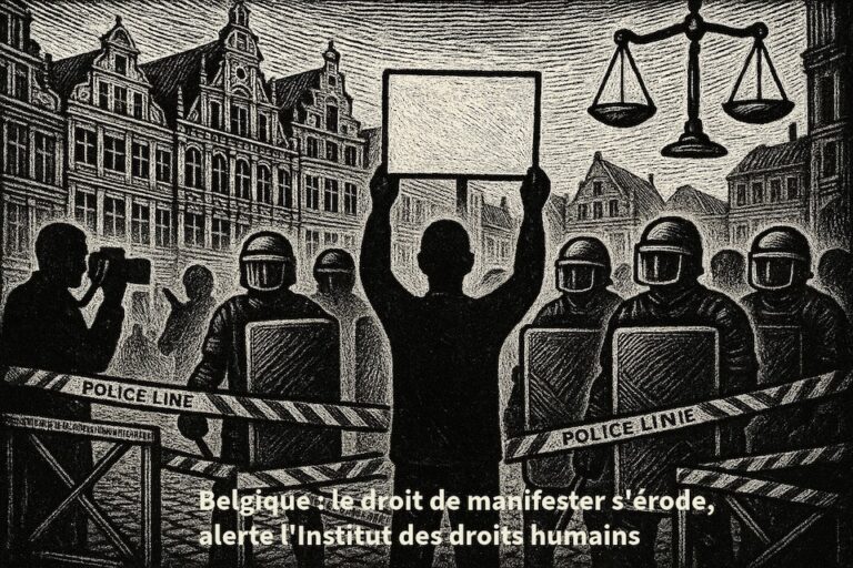 Scène représentant symboliquement la tension autour du droit de manifester : • Au centre, une silhouette humaine debout, tenant pacifiquement une pancarte blanche vierge. Cette silhouette est entourée par des silhouettes sombres de policiers casqués et équipés de boucliers. • En arrière-plan, des façades typiquement belges (type Grand-Place de Bruxelles), évoquant le contexte urbain et historique. • Des barrières et des rubans de sécurité bloquant l’accès à certains espaces publics, symbolisant les restrictions croissantes à la liberté de rassemblement.