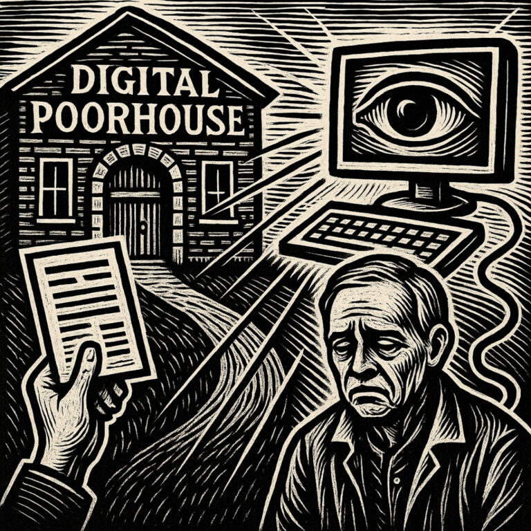 L'illustration en noir et blanc, style gravure sur bois, représente la "digital poorhouse" (maison des pauvres numérique) conceptualisée par Virginia Eubanks. Dans cette image : Un bâtiment en briques sombres, surmonté de l'inscription "DIGITAL POORHOUSE", évoque les anciennes maisons des pauvres. Un homme au visage fatigué et aux vêtements usés est assis au premier plan, tête baissée, exprimant la honte ou la souffrance. Un écran d’ordinateur avec un oeil au centre symbolise la surveillance automatisée. Des rayons lumineux partent de l’œil, dirigés vers l’homme. Une main tient un document administratif, peut-être une décision algorithmique d’exclusion ou de sanction. Cette composition illustre la critique formulée par Eubanks : l'usage des technologies de l'information pour perpétuer la stigmatisation des pauvres, sous prétexte de modernisation. Elle renvoie à une justice sociale automatisée, opaque, et potentiellement mortifère, comme l’attestent les cas du "robo-debt" australien et des scandales aux États-Unis ou aux Pays-Bas. Cette image peut être utilisée dans un cadre militant, pédagogique ou journalistique pour sensibiliser aux dérives des politiques sociales numériques.