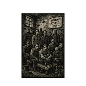 Des silhouettes de détenus entassés dans une cellule exiguë, certains assis à même le sol sur des matelas posés par terre, d’autres debout, l’air abattu. • Les visages sont stylisés, presque anonymes, traduisant la perte de dignité et l’oppression, comme dans les gravures anciennes. • Quelques détails (un seau, une fenêtre cassée, des barreaux) suggèrent les conditions vétustes et inhumaines décrites dans l’article.
