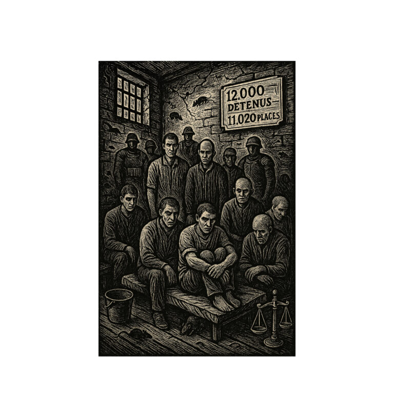 Des silhouettes de détenus entassés dans une cellule exiguë, certains assis à même le sol sur des matelas posés par terre, d’autres debout, l’air abattu. • Les visages sont stylisés, presque anonymes, traduisant la perte de dignité et l’oppression, comme dans les gravures anciennes. • Quelques détails (un seau, une fenêtre cassée, des barreaux) suggèrent les conditions vétustes et inhumaines décrites dans l’article.