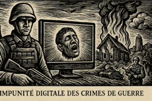 Gravure en noir et blanc représentant un soldat en gilet pare-balles tenant une arme, devant un écran qui affiche une tête humaine décapitée. À l’arrière-plan, des bâtiments en feu et un deuxième soldat en faction. Une inscription « Impunité digitale des crimes de guerre » apparaît en bas de l’image, renforçant le message sur la violence filmée et diffusée en ligne.