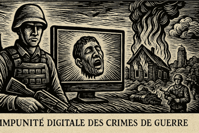 Gravure en noir et blanc représentant un soldat en gilet pare-balles tenant une arme, devant un écran qui affiche une tête humaine décapitée. À l’arrière-plan, des bâtiments en feu et un deuxième soldat en faction. Une inscription « Impunité digitale des crimes de guerre » apparaît en bas de l’image, renforçant le message sur la violence filmée et diffusée en ligne.