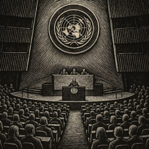 Illustration en noir et blanc, de style gravure sur bois, représentant une session de l’Assemblée générale des Nations Unies. La scène montre l’orateur au pupitre, face à un large auditoire de délégués, installés en rangées dans l’hémicycle. Au-dessus de la tribune, le grand emblème de l’ONU domine la composition, soulignant la vocation universelle de l’institution. Les traits gravés, les ombres et hachures créent une atmosphère solennelle et intemporelle.