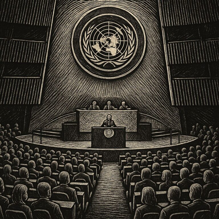 Illustration en noir et blanc, de style gravure sur bois, représentant une session de l’Assemblée générale des Nations Unies. La scène montre l’orateur au pupitre, face à un large auditoire de délégués, installés en rangées dans l’hémicycle. Au-dessus de la tribune, le grand emblème de l’ONU domine la composition, soulignant la vocation universelle de l’institution. Les traits gravés, les ombres et hachures créent une atmosphère solennelle et intemporelle.