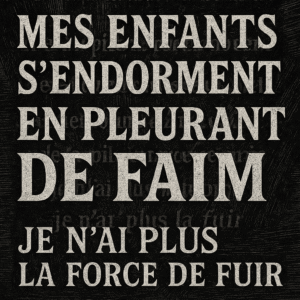 Composition typographique en noir et blanc, style gravure sur bois, avec les phrases en français : "Mes enfants s’endorment en pleurant de faim" et "Je n’ai plus la force de fuir".