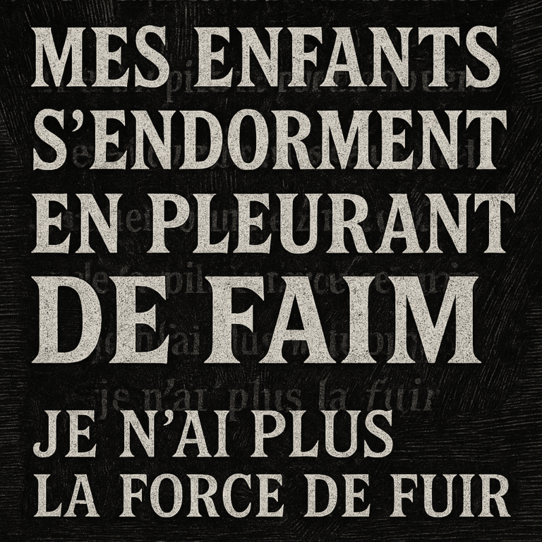 Composition typographique en noir et blanc, style gravure sur bois, avec les phrases en français : "Mes enfants s’endorment en pleurant de faim" et "Je n’ai plus la force de fuir".