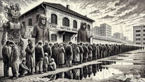 Une foule de personnes, y compris des familles, attendent sous la pluie devant un bâtiment austère et imposant avec des barbelés, où est écrit "CPAS - ENQUÊTE SOCIALE INDIVIDUELLE". Un robot d'intelligence artificielle est visible à gauche, présentant des documents. Le style est une gravure sur bois en noir et blanc, évoquant une atmosphère de désespoir et d'incertitude.