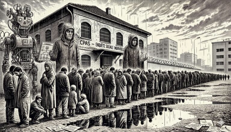 Une foule de personnes, y compris des familles, attendent sous la pluie devant un bâtiment austère et imposant avec des barbelés, où est écrit "CPAS - ENQUÊTE SOCIALE INDIVIDUELLE". Un robot d'intelligence artificielle est visible à gauche, présentant des documents. Le style est une gravure sur bois en noir et blanc, évoquant une atmosphère de désespoir et d'incertitude.
