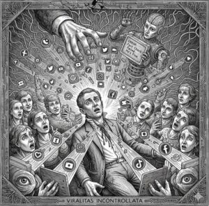 Illustration façon gravure sur bois en noir et blanc représentant un homme au centre, l'air horrifié, transpercé par des faisceaux lumineux projetant des logos de réseaux sociaux. Autour de lui, une foule de personnes paniquées regardent leurs téléphones ou des écrans. En haut, une grande main tire des fils connectés à un robot dont le cerveau est exposé, affichant un message d'erreur et tenant une pancarte "ERROR: Fact Check Failed. He's fine." Des logos de réseaux sociaux flottent partout. Le titre en latin en bas est "VIRALITAS INCONTROLLATA". Le tout est encadré par des motifs complexes et des circuits imprimés."