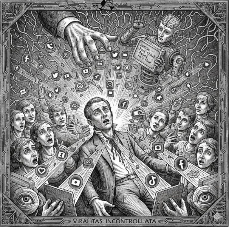 Illustration façon gravure sur bois en noir et blanc représentant un homme au centre, l'air horrifié, transpercé par des faisceaux lumineux projetant des logos de réseaux sociaux. Autour de lui, une foule de personnes paniquées regardent leurs téléphones ou des écrans. En haut, une grande main tire des fils connectés à un robot dont le cerveau est exposé, affichant un message d'erreur et tenant une pancarte "ERROR: Fact Check Failed. He's fine." Des logos de réseaux sociaux flottent partout. Le titre en latin en bas est "VIRALITAS INCONTROLLATA". Le tout est encadré par des motifs complexes et des circuits imprimés."