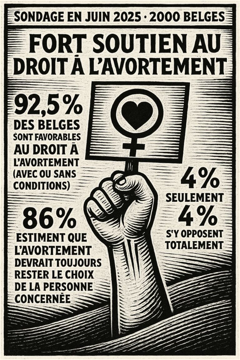 Illustration en noir et blanc, style gravure sur bois, montrant un poing levé tenant un panneau avec le symbole féminin et un cœur. Autour, des textes indiquent les résultats d’un sondage en Belgique en juin 2025 : 92,5 % favorables au droit à l’avortement, seulement 4 % opposés, et 86 % estimant que la décision doit rester celle de la personne concernée.