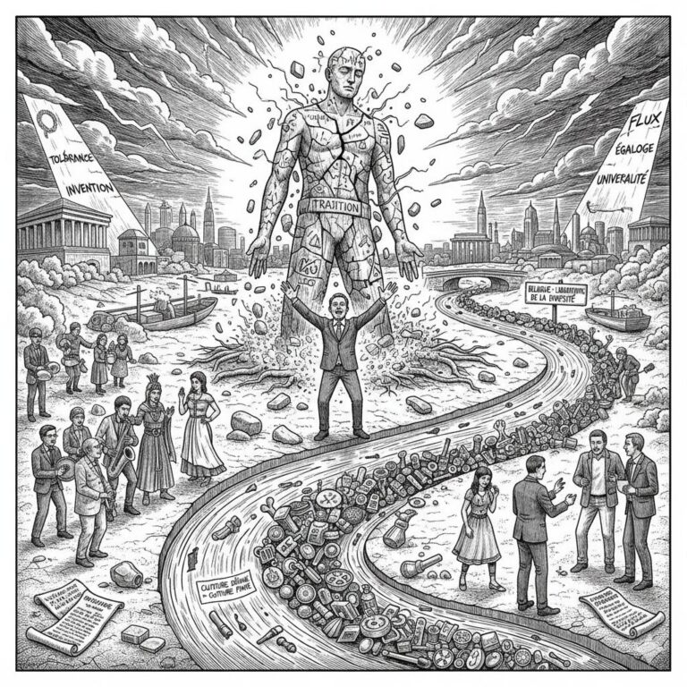 Une gravure sur bois en noir et blanc représentant un homme au centre, symbolisant la "Tradition", se fissurant en fragments étiquetés "Identité", "Peuple", "Patrie". Une rivière tumultueuse de symboles culturels (frites, instruments de musique, livres, objets divers) s'écoule à ses pieds, avec des personnes de différentes époques et origines sur ses rives. À l'arrière-plan, une ville mélange des architectures européennes, et des bannières proclament "Flux", "Égalité", "Universalité" et "Tolérance", "Invention". Le message "CULTURE DÉFINIE = CULTURE FINIE" est visible au premier plan.