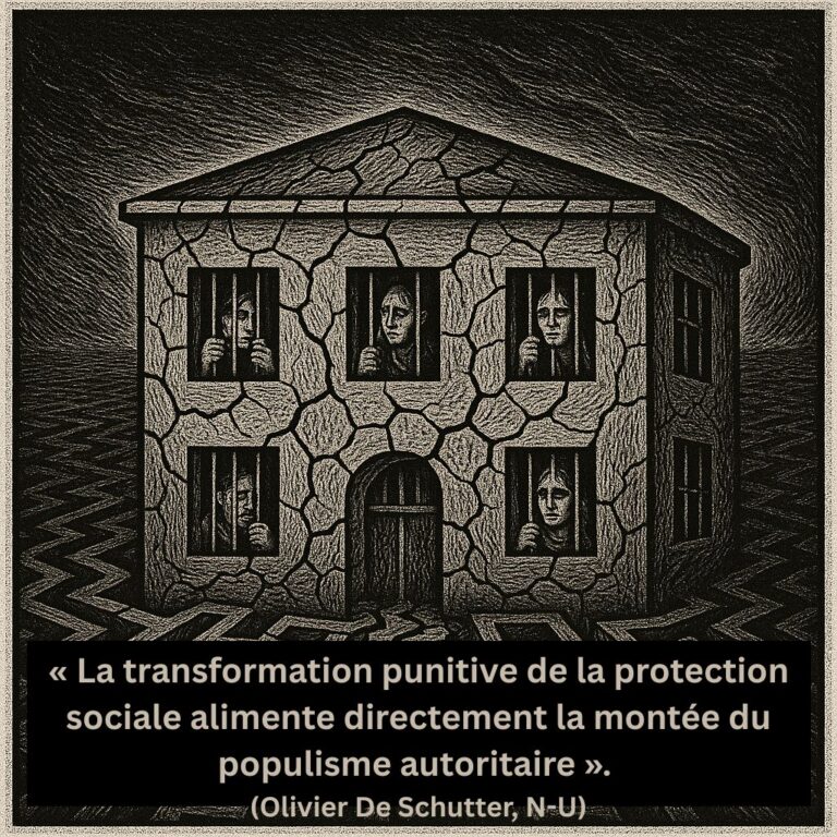 Illustration en gravure sur bois montrant un bâtiment de l'État-providence fissuré avec des personnes emprisonnées aux fenêtres. Citation d'Olivier De Schutter sur la transformation punitive de la protection sociale.