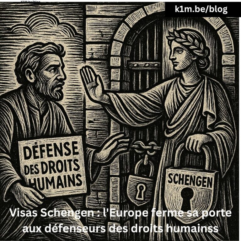 Gravure sur bois en noir et beige montrant un défenseur des droits humains face à une porte fermée par un cadenas marqué "Schengen"
