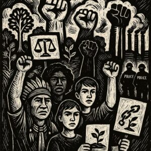 Gravure sur bois en noir et blanc montrant des défenseurs du climat — femmes, jeunes et peuples autochtones — levant le poing et brandissant des pancartes symbolisant la justice climatique, la libération et la nature renaissante.