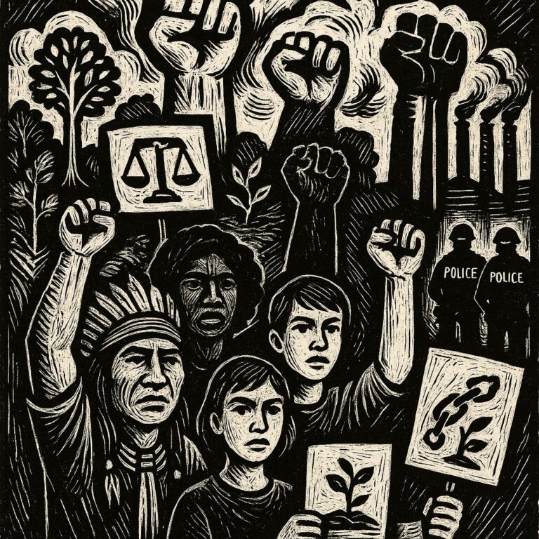 Gravure sur bois en noir et blanc montrant des défenseurs du climat — femmes, jeunes et peuples autochtones — levant le poing et brandissant des pancartes symbolisant la justice climatique, la libération et la nature renaissante.