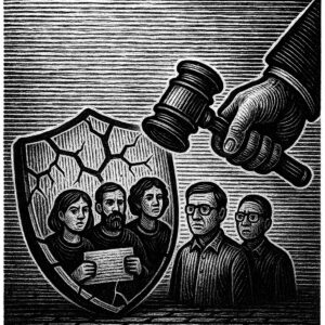 Illustration noir et blanc style gravure sur bois représentant un grand marteau de juge s’abattant sur un groupe de personnes protégées par un bouclier fissuré.