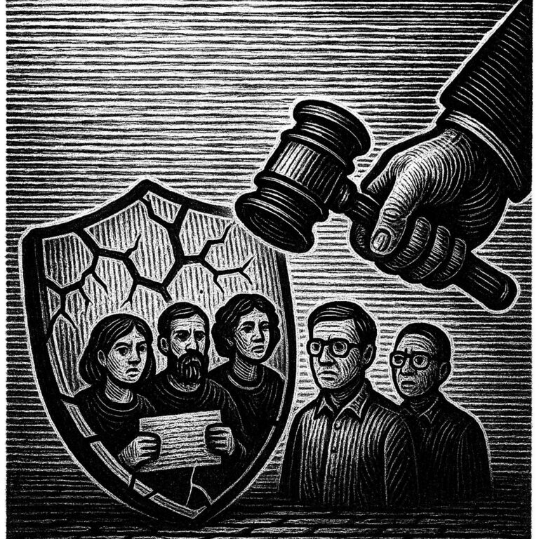 Illustration noir et blanc style gravure sur bois représentant un grand marteau de juge s’abattant sur un groupe de personnes protégées par un bouclier fissuré.