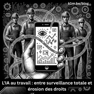 Illustration graphique en noir et blanc montrant des travailleurs enchaînés par des circuits technologiques autour d'un smartphone affichant des symboles de surveillance algorithmique (œil, données, géolocalisation)