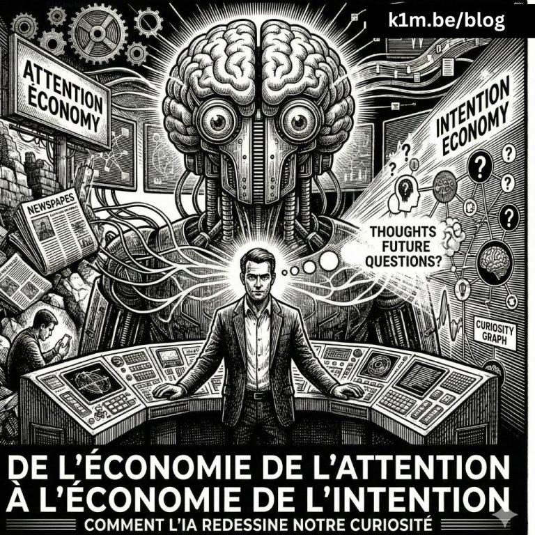 Illustration allégorique en noir et blanc de style gravure sur bois. Un homme est aux commandes d'une console futuriste sous un cerveau cyborg géant. L'image est divisée en deux : à gauche, un paysage en ruine étiqueté "ATTENTION ECONOMY" avec des gens distraits ; à droite, une structure lumineuse et connectée étiquetée "INTENTION ECONOMY" et "CURIOSITY GRAPH". Une bannière en bas indique le titre : "DE L'ÉCONOMIE DE L'ATTENTION À L'ÉCONOMIE DE L'INTENTION : COMMENT L'IA REDESSINE NOTRE CURIOSITÉ".