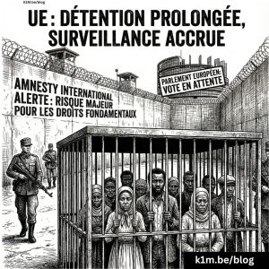 Illustration éditoriale en noir et blanc montrant un groupe de migrants africains enfermés dans une grande cage au centre d'un camp de détention militarisé, sous la surveillance de soldats armés. Des textes en haut et sur les côtés dénoncent la "détention prolongée" et la "surveillance accrue" de l'UE, relayant une alerte d'Amnesty International sur les risques pour les droits fondamentaux, tandis qu'un bâtiment du Parlement européen est visible en arrière-plan avec la mention "vote en attente".