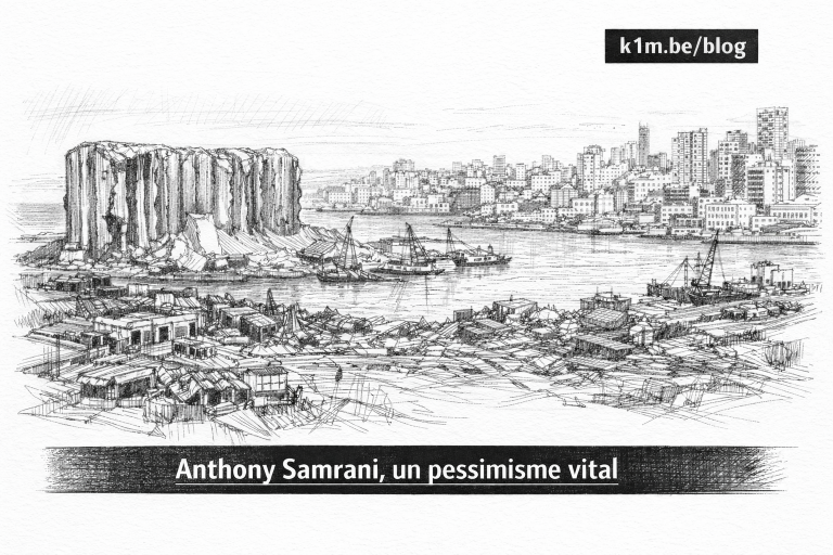 Vue au crayon noir du port de Beyrouth après l’explosion : silos éventrés, quais détruits et ville en arrière-plan, sous une étiquette « k1m.be/blog » et un bandeau-titre « Anthony Samrani, un pessimisme vital ».
