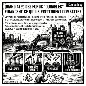 Illustration satirique en noir et blanc, style gravure sur bois, dénonçant le greenwashing financier. Le titre principal en haut indique : 'QUAND 41 % DES FONDS « DURABLES » FINANCENT CE QU'ILS PRÉTENDENT COMBATTRE'. Une usine polluante étiquetée 'FONDS DURABLES' déverse un liquide toxique qui alimente quatre secteurs représentés sous forme de vignettes : 'NUCLÉAIRE' (centrales), 'ÉNERGIES FOSSILES' (puits de pétrole), 'ARMEMENT' (chars et missiles), et 'DROITS FONDAMENTAUX' (prisonnier derrière des barreaux). En bas, un détective examine un document 'RÉGLEMENTATION EUROPÉENNE' à côté d'un cadenas brisé.