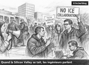 llustration en noir et blanc montrant des employé·e·s de la tech manifestant contre la collaboration avec l’ICE, tandis que des agents arrêtent une personne à l’arrière-plan, devant des immeubles de bureaux.
