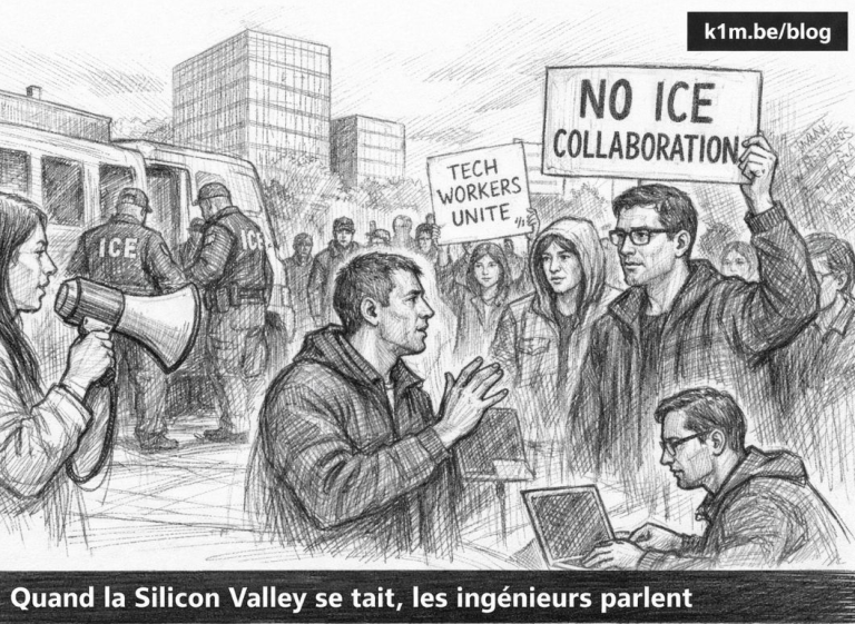 llustration en noir et blanc montrant des employé·e·s de la tech manifestant contre la collaboration avec l’ICE, tandis que des agents arrêtent une personne à l’arrière-plan, devant des immeubles de bureaux.