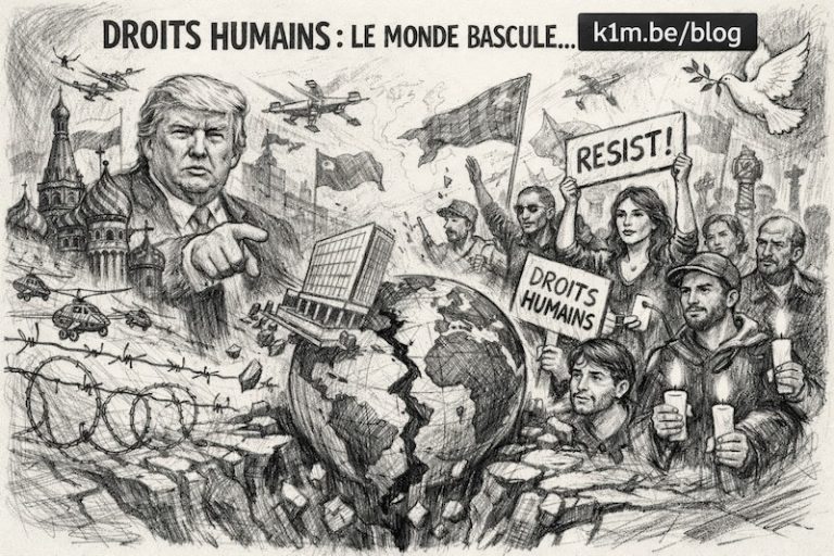 Illustration au crayon en noir et blanc : à gauche, Donald Trump domine la scène devant des symboles de puissances autoritaires et de militarisation ; au centre, la Terre se fissure et s’effondre avec un bâtiment évoquant l’ONU ; à droite, des citoyen·ne·s manifestent pour les droits humains, brandissant des pancartes et des bougies, tandis qu’une colombe symbolise l’espoir.