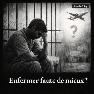 Illustration au crayon noir et blanc montrant une personne détenue assise dans une cellule, la tête penchée, derrière des barreaux. À l’arrière-plan, un avion et un point d’interrogation symbolisent l’éloignement incertain et l’absence de perspective.
