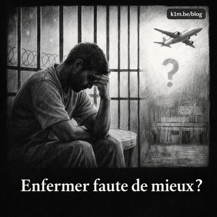 Illustration au crayon noir et blanc montrant une personne détenue assise dans une cellule, la tête penchée, derrière des barreaux. À l’arrière-plan, un avion et un point d’interrogation symbolisent l’éloignement incertain et l’absence de perspective.