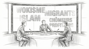 Illustration en noir et blanc, style crayonné, montrant trois hommes en costume sur un plateau de télévision, discutant autour d'une table ronde. En arrière-plan, un grand écran affiche les mots "WOKISME", "ISLAM", "MIGRANTS" et "CHÔMEURS PROFITEURS" en lettres capitales.