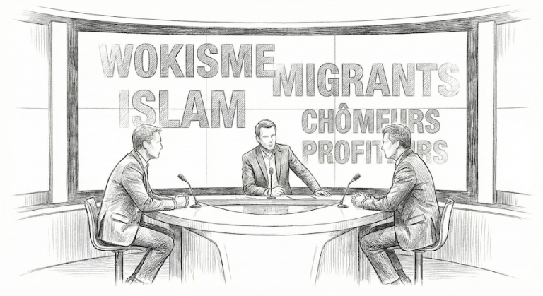 Illustration en noir et blanc, style crayonné, montrant trois hommes en costume sur un plateau de télévision, discutant autour d'une table ronde. En arrière-plan, un grand écran affiche les mots "WOKISME", "ISLAM", "MIGRANTS" et "CHÔMEURS PROFITEURS" en lettres capitales.