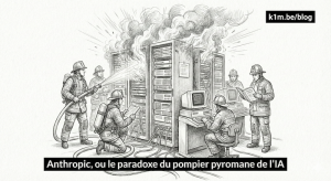 Dessin au crayon noir et blanc dans un style gravure, montrant des pompiers dans une salle de serveurs informatiques. Un groupe de pompiers combat activement un incendie avec des lances dans une baie de serveurs d'où s'échappe une épaisse fumée, tandis que d'autres pompiers, imperturbables, travaillent sur des ordinateurs et consultent des manuels juste à côté. Le titre en bas de l'image est "Anthropic, ou le paradoxe du pompier pyromane de l’IA"