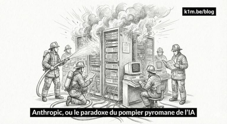 Dessin au crayon noir et blanc dans un style gravure, montrant des pompiers dans une salle de serveurs informatiques. Un groupe de pompiers combat activement un incendie avec des lances dans une baie de serveurs d'où s'échappe une épaisse fumée, tandis que d'autres pompiers, imperturbables, travaillent sur des ordinateurs et consultent des manuels juste à côté. Le titre en bas de l'image est "Anthropic, ou le paradoxe du pompier pyromane de l’IA"