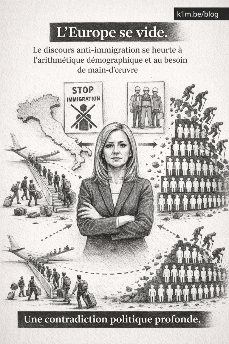 Illustration au crayon noir et blanc : au centre, une dirigeante politique au visage générique, bras croisés. À gauche, une file de jeunes actifs avec valises monte vers un avion, sur fond de carte de l’Italie. Au-dessus, une affiche « STOP IMMIGRATION ». À droite, une pyramide démographique composée de silhouettes s’effondre, top-heavy, avec des figures âgées qui tombent. Des flèches relient les éléments, suggérant une contradiction.