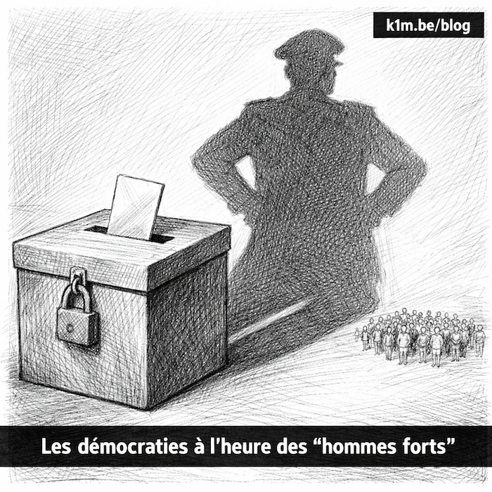 Illustration au crayon noir et blanc d’une urne électorale avec un bulletin de vote, dont l’ombre projette la silhouette d’un dirigeant autoritaire face à une petite foule de citoyens.